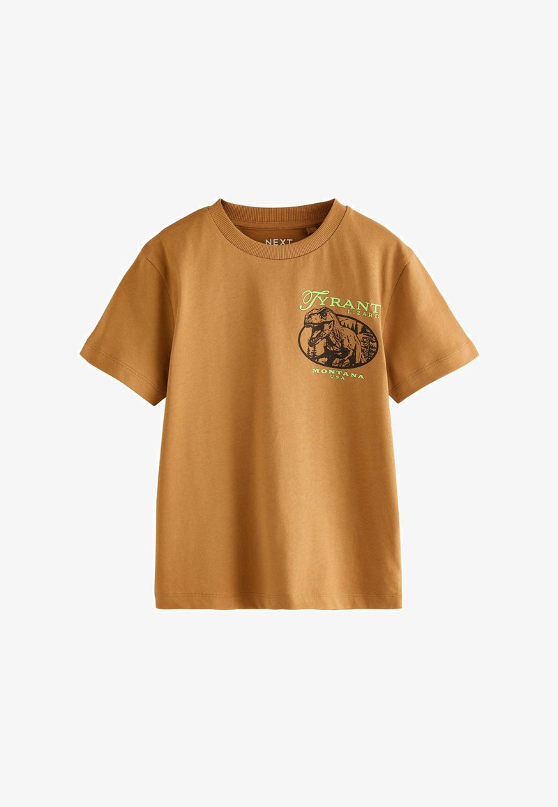 Braunes Baumwoll-T-Shirt mit kurzen Ärmeln und rundem Halsausschnitt. Auf der Vorderseite befindet sich ein grafischer Aufdruck eines Dinosauriers sowie Text in Grün und Schwarz.