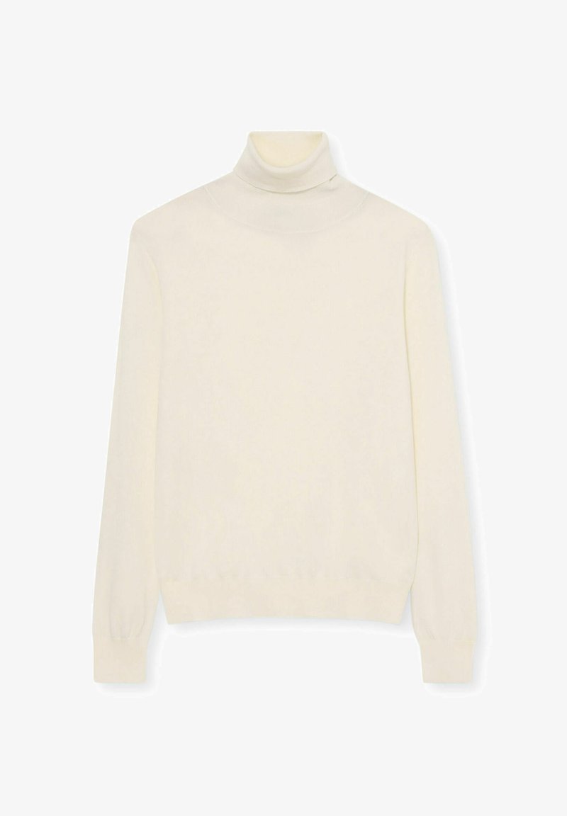 Crème rollnecktrui gemaakt van een zachte gebreide stof. Getailleerd model met lange mouwen en geribbelde boorden aan de polsen en zoom.