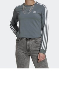 Långärmad grå tröja med vit tre-stripes design på ärmarna och liten logotyp på bröstet, kombinerad med grå högmidjade jeans.