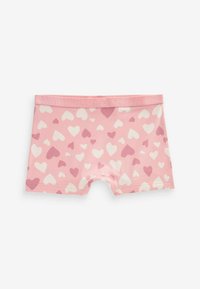 Boxers roses clairs avec une ceinture élastique, présentant un motif de cœurs dispersés dans des nuances variées de rose et de blanc.