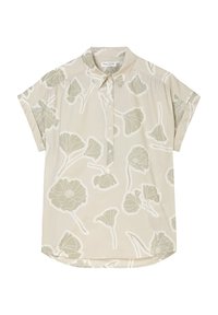 Bloemenoverhemd met korte mouwen in lichtbeige, met een bladgroen patroon, een knoopsluiting en een ronde onderkant. Gemaakt van zachte stof.