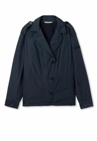 Mörkblå jacka i lätt tyg, med slagkrage, sex knappar, två sidofickor och midjeband med resår.