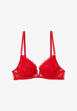 Roter Spitzenslip mit wellenförmigen Kanten, durchsichtigen Einsätzen und verstellbaren Trägern. Verfügt über ein dreieckiges Körbchendesign und eine nahtlose Verarbeitung.