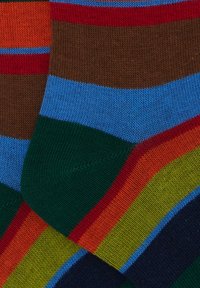 Calzini multicolori con strisce orizzontali in marrone, blu, verde, rosso, arancione e giallo. Realizzati in materiale a maglia con una texture liscia.