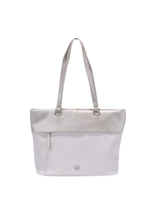 Weißer Tote Bag mit einem metallisch silbernen Oberteil, ausgestattet mit zwei Trägern, einer kleinen Reißverschlusstasche und einem dezenten Logo auf der Vorderseite.