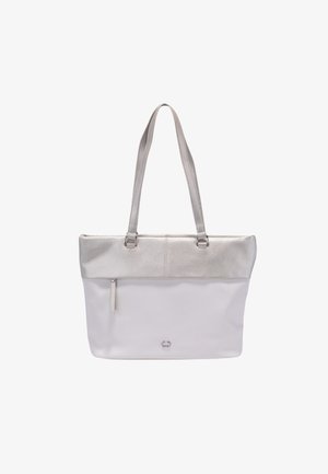 Sac fourre-tout blanc avec un haut en métal argenté, présentant deux poignées, une petite poche zippée et un logo discret à l'avant.