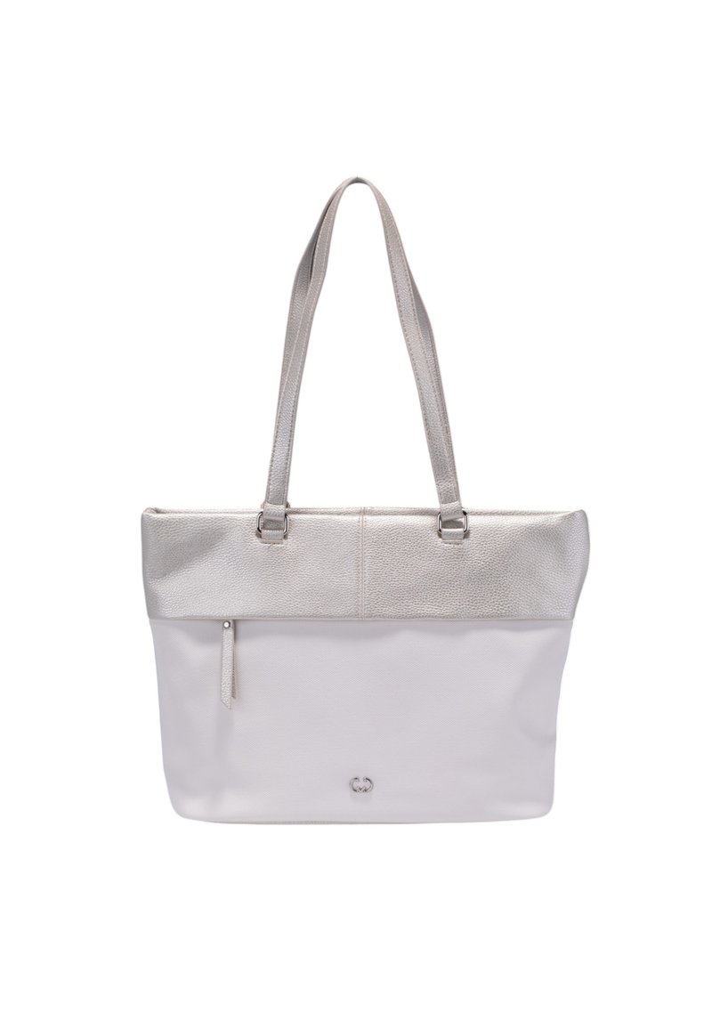 Sac fourre-tout blanc avec un haut en métal argenté, présentant deux poignées, une petite poche zippée et un logo discret à l'avant.