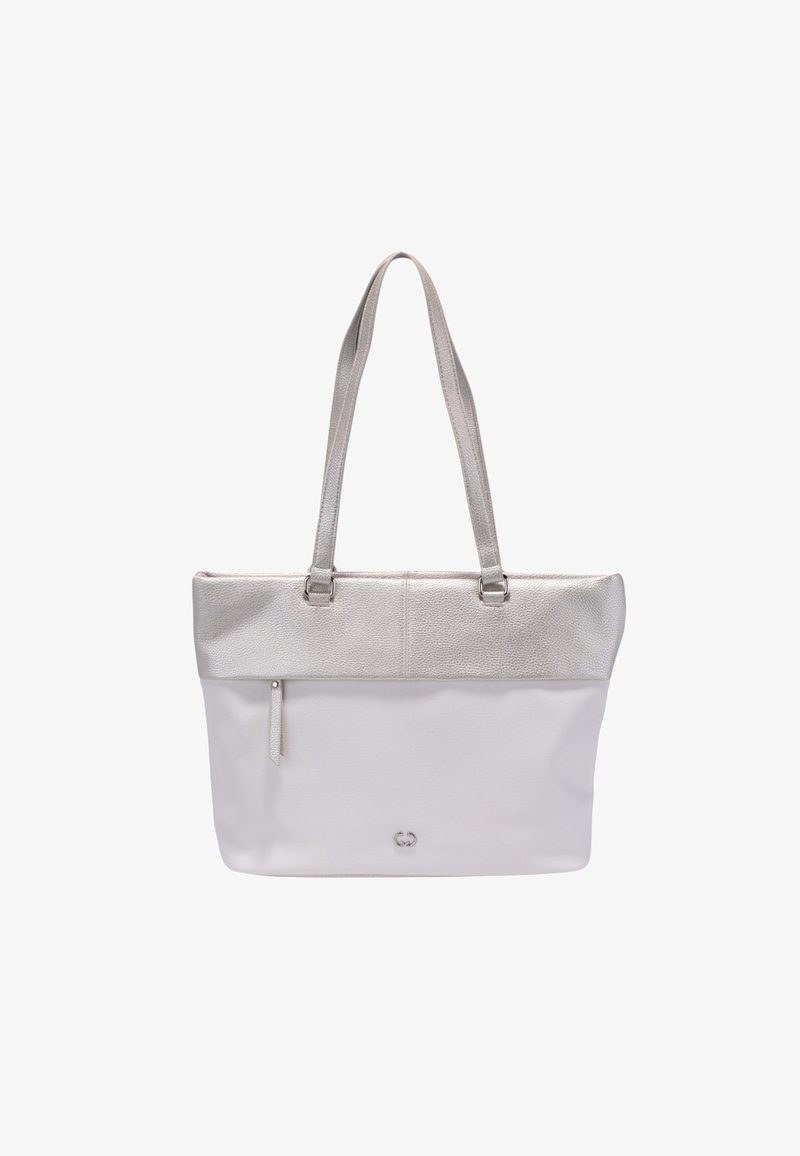 Witte schoudertas met een metallic zilveren bovenkant, voorzien van twee hengsels, een klein ritsvak en een subtiel logo aan de voorkant.