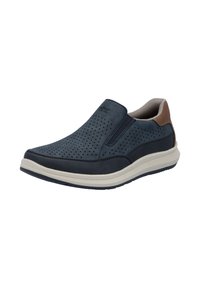 Chaussure pour homme en cuir navy à enfiler avec un design perforé, des accents marron contrastants, une semelle rembourrée et une surface texturée pour un confort optimal.