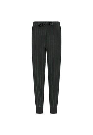 Pantalones de chándal negros con rayas verticales verdes. Cintura elástica con cordón. Puños de canalé en los tobillos. Tejido suave con un corte casual.