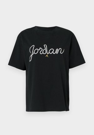 Juoda medvilninė marškinėliai trumpomis rankovėmis su blizgučiais užrašu "Jordan" ir auksiniu paštu „Jumpman“ logotipu po tekstu.