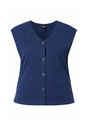 Top senza maniche blu navy con scollo a V e quattro bottoni davanti, realizzato in tessuto morbido e leggero.