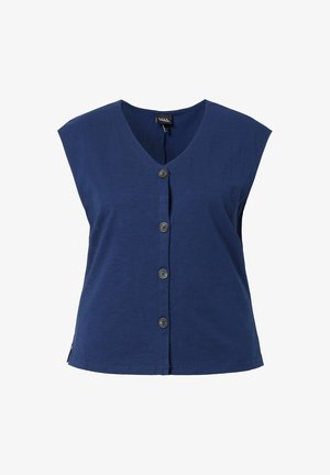 Top azul marino sin mangas con botones, con escote en V y cuatro botones delanteros, fabricado con una tela suave y ligera.