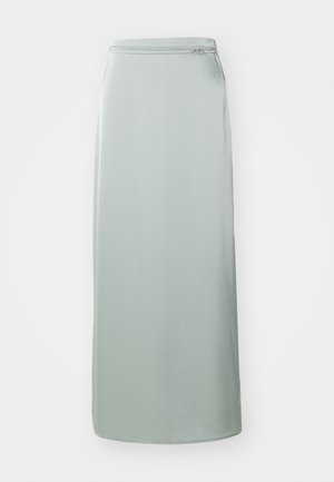Lang, lys grønnbukse laget av glatt stoff. Har en rett snitt med en skjult glidelås i midjen. Minimalistisk design, uten mønstre eller detaljer.