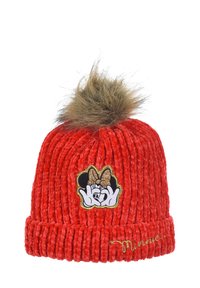 Beanie lavorato a maglia rossa con texture a costine, dotato di un pon-pon in pelliccia sintetica, nome "Minnie" ricamato e una toppa con mani decorative e un fiocco.