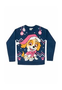 Maglione a maglia blu navy con un cane dei cartoni animati che indossa un cappello rosa con bordi bianchi, circondato da fiocchi di neve e ornamenti, con motivi geometrici nella parte inferiore.