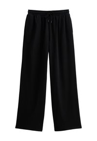 Zwarte wijde broek gemaakt van zachte stof, met een elastische tailleband en een trekkoord, en zijzakken. Gladde textuur en casual ontwerp.