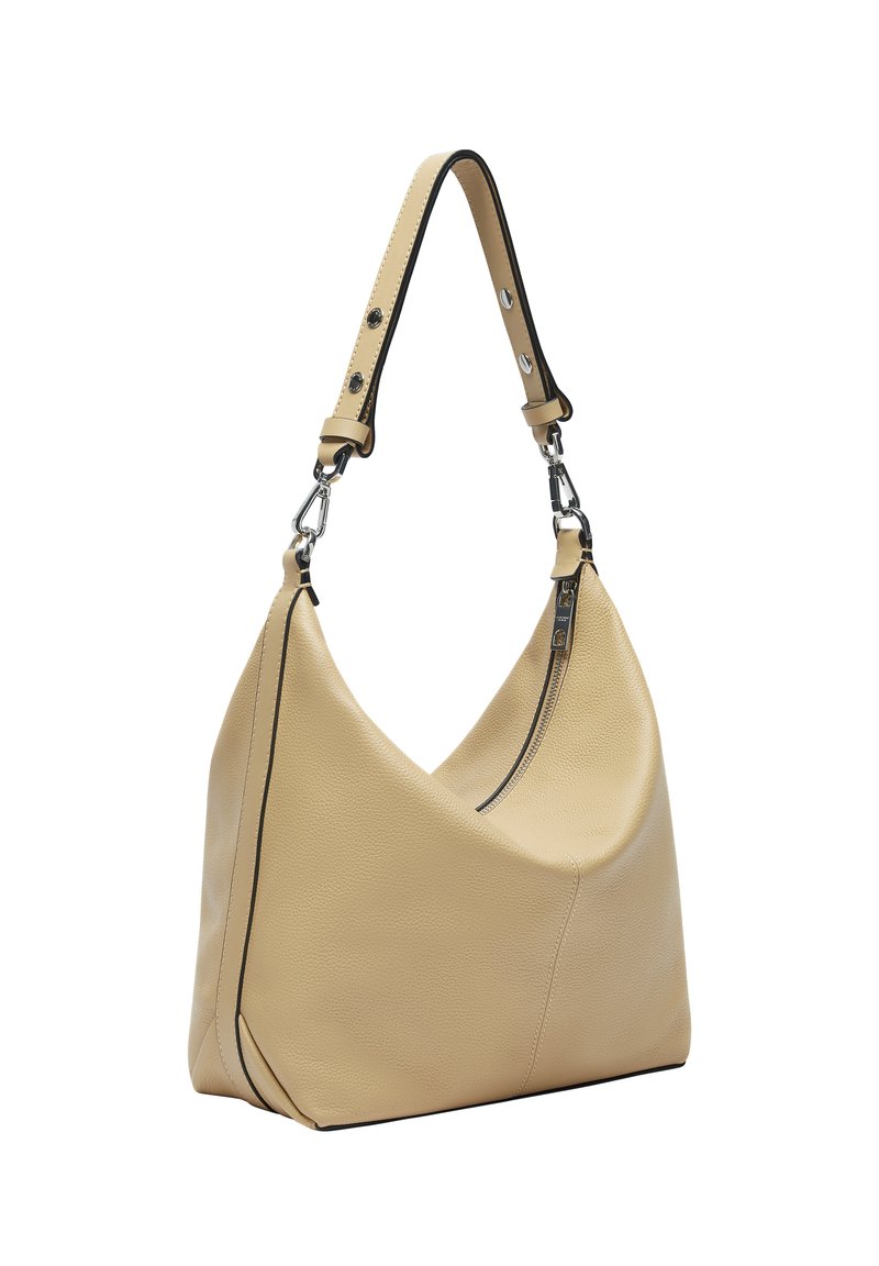 Beige Lederhandtasche mit geschwungener Silhouette, kontrastierendem schwarzen Stich, einem kurzen Griff und einem Reißverschluss. Glatte Textur, minimalistisches Design.