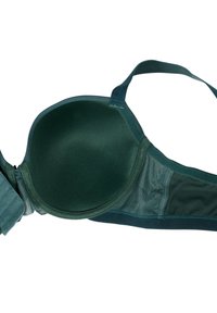 Green bra with smooth, molded cups, mesh side detailing, adjustable straps, and a hook-and-eye closure. Material appears soft and semi-sheer.