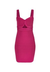 Prigludusi, be rankovių suknelė ryškiai rožinės spalvos. Yra pintos petnešos ir išpjovimo detalės, su grotelėmis visuose paviršiuose.