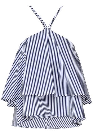 Pasiasty top z warstwową konstrukcją w kolorach granatowym i białym. Regulowane ramiączka i luźny krój zapewniają komfort i styl.