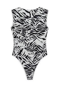Body in stampa zebrina bianca e nera con un design elegante, senza maniche e gambe alte. Tessuto liscio e elasticizzato con silhouette aderente.