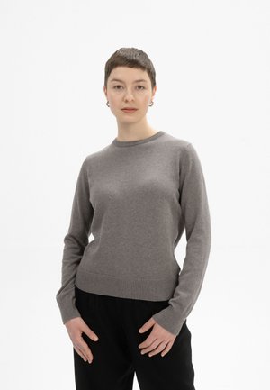 Persoon met kort bruin haar, gekleed in een grijze trui met lange mouwen en zwarte broek, staand met handen bij de heupen tegen een witte achtergrond.