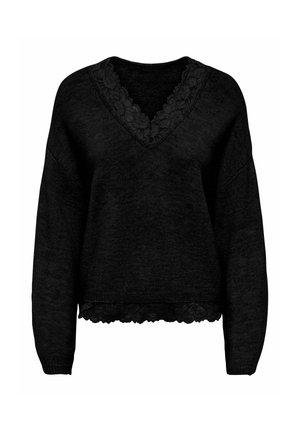 Pull en maille noir à manches longues avec encolure en V et bordure en dentelle florale au col et à l’ourlet, coupe ample et poignets côtelés.