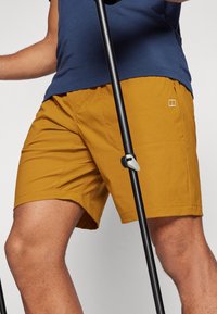 Yellow shorts with pockets, made of lightweight fabric. Features a stitched hem and a small white logo. Paired with a blue shirt and a walking stick.