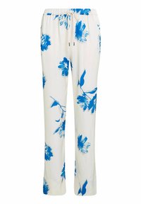 Pantaloni con stampa floreale in tessuto bianco con fiori blu. Presentano un elastico in vita e un cordoncino per una vestibilità confortevole. Design ampio e a gamba dritta.