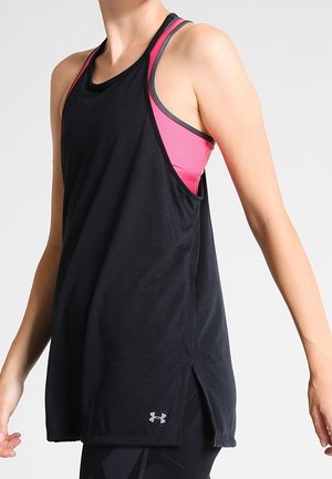 Black athletic tank top with pink accents. Features a loose fit, sleeveless design, side slits, and a logo on the lower left.