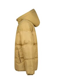 Gewatteerde jas in een tan kleur met een capuchon, voorzien van een zachte textuur, een zipzak op de zijkant en geribde boorden voor extra warmte.