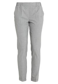 Pantalons gris en tissu léger. Coupe ajustée avec une texture lisse, présentant un devant plat et des ourlets à revers.