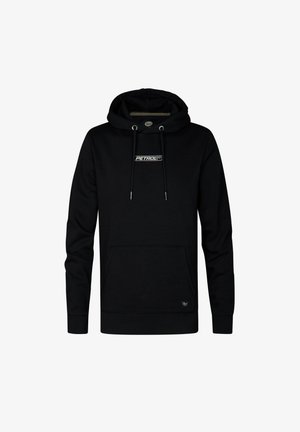 Felpa nera con cappuccio, tasca frontale, cappuccio con cordino e logo "PETROL" sul petto. Realizzata in un morbido tessuto textured con maniche lunghe.