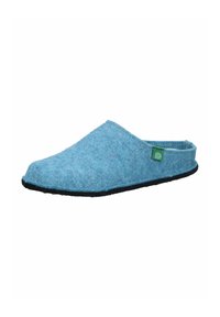 Light blue felt slipper with a black sole, open back design, and green logo tag on the side. Textured surface with a smooth finish.