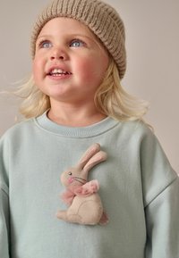 Hanorac de culoare verde deschis, cu o aplicație din fetru în formă de iepure, care are o fundă din tull roz. Copilul poartă o căciulă tricotată de culoare bej.