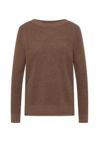 Pull en maille marron à manches longues avec encolure ronde, poignets et ourlet côtelés, présenté sur un fond blanc.