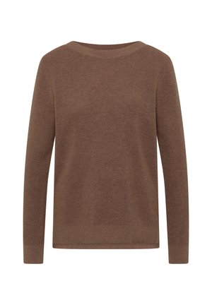 Suéter de punto marrón de manga larga con escote redondo y puños y dobladillo acanalados, mostrado sobre un fondo blanco.