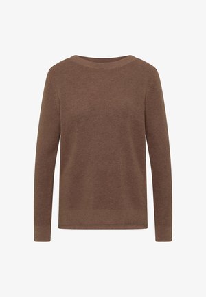 Suéter de punto marrón de manga larga con escote redondo y puños y dobladillo acanalados, mostrado sobre un fondo blanco.