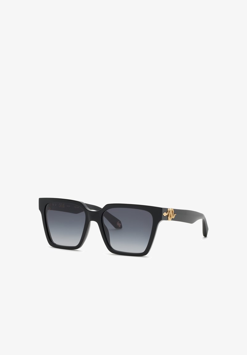 Lunettes de soleil rectangulaires noires avec verres dégradés foncés et un emblème de serpent doré sur la branche.