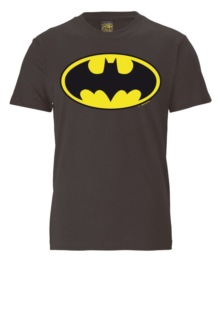 Black cotton t-shirt featuring a large, oval yellow Batman logo at the center. Short sleeves, round neckline, standard fit.