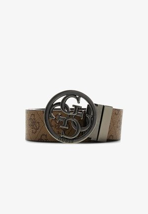 Ceinture marron à motif avec une grande boucle métallique sombre ronde présentant les lettres entrelacées G, U, E, S et S.