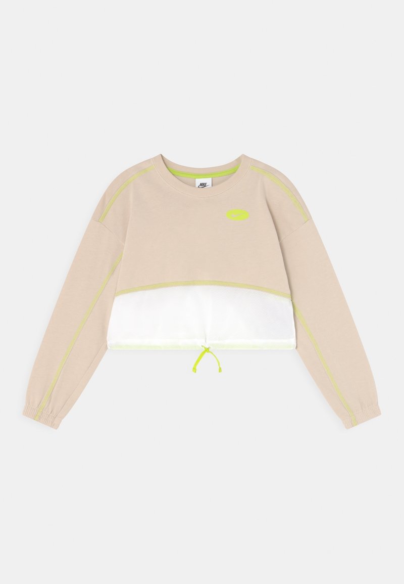 Sudadera corta beige con mangas largas, capa inferior de malla, detalles en verde neón y cordón en el dobladillo. Presenta un logo en el pecho.