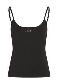 Melna t-kreklu blūze ar plānām siksnām, izgatavota no gludas auduma. Tam ir noapaļots kakla izgriezums un balts izšūts logotips priekšpusē.