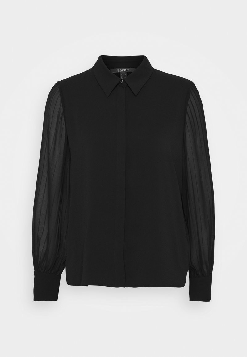 Czarna bluzka z długim rękawem, z przezroczystymi, paskowanymi rękawami, mankietami zapinanymi na guziki, ostrym kołnierzykiem oraz ukrytymi guzikami z przodu, marki Esprit.