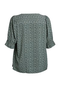 Blusa floreale in tessuto verde scuro con fiori bianchi. Presenta maniche a palloncino corte e una vestibilità ampia. Tessuto leggero e liscio.