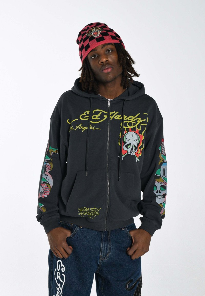 Ed Hardy - BURNING SKULL - Zip-up sweatshirt - black, Enlarge