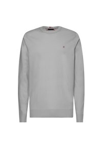 Maglione a maniche lunghe grigio chiaro con collo rotondo, con polsini e orlo a costine, caratterizzato da un piccolo logo rettangolare rosso, bianco e blu sul lato sinistro del petto.