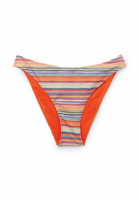 Bikiniunderdelar med flerfärgade horisontella ränder i blått, rosa, gult och grönt, med en orange solid panel baktill.