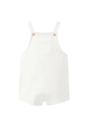 Hvid babyheldragt med forlomme, justerbare skulderstropper fastgjort med to træknapper.